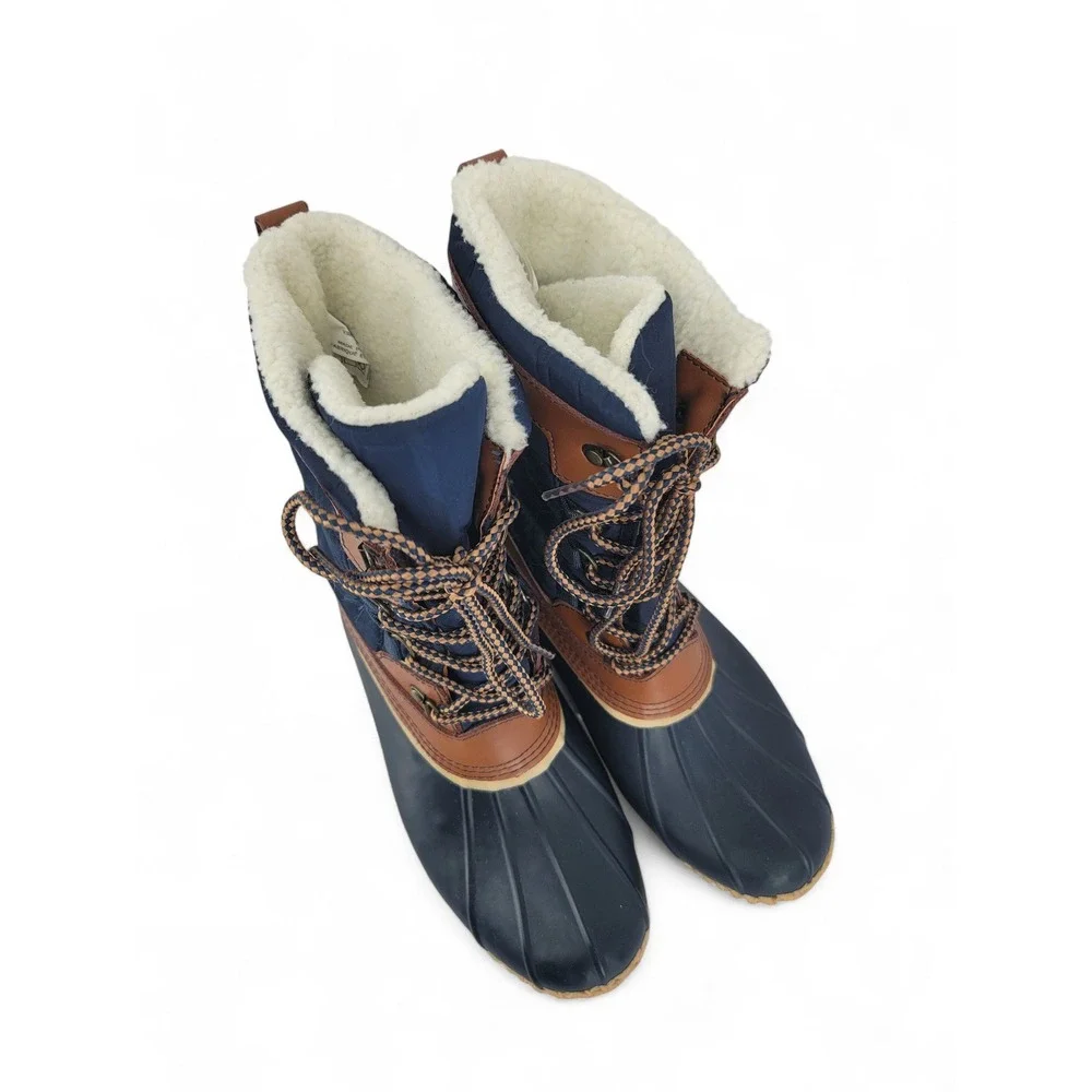 Lands End Duck Boots Womens 8 Navy Brown Waterproof‎ Cozy Winter Snow Lace Up